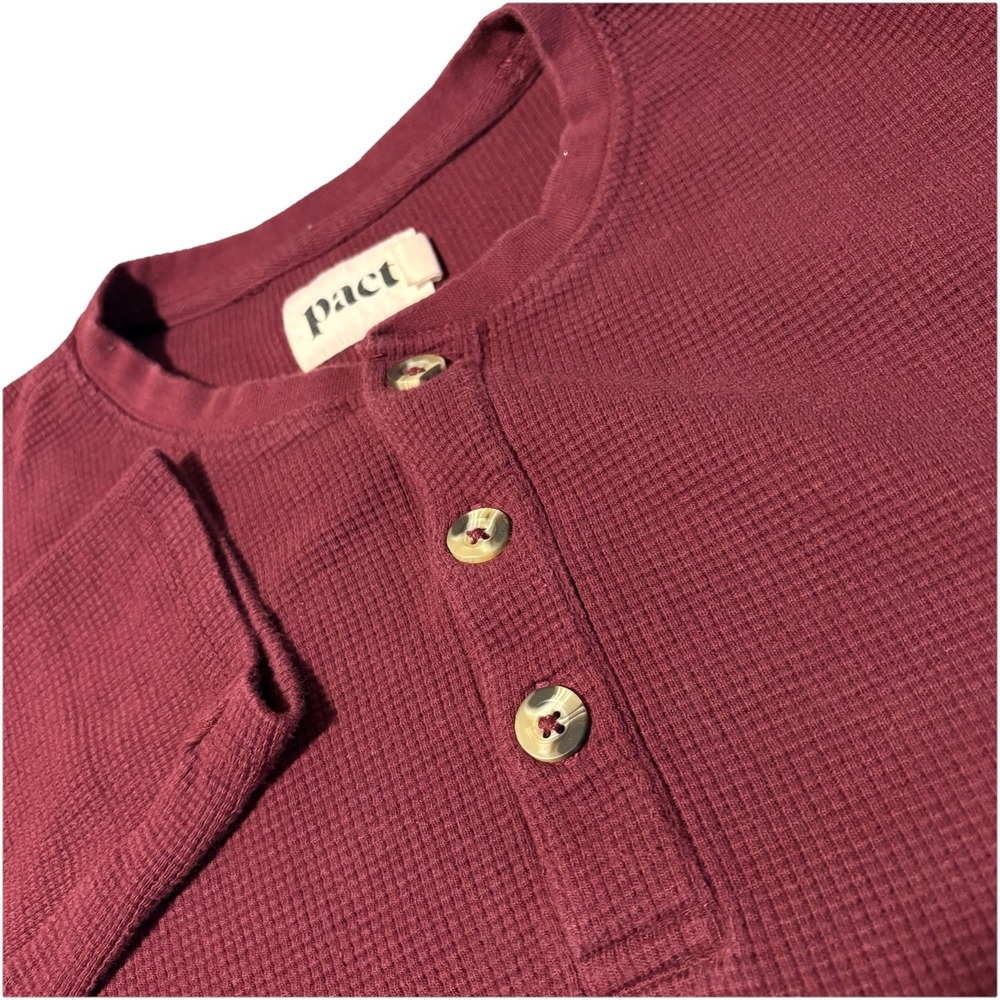 Pact Henley Shirt Mens L Burgundy Waffle Knit Organic Cotton Long Sleeve